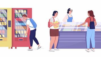 comprar comida animada en el comedor escolar. tienda de golosinas. personas planas de cuerpo completo sobre fondo blanco con transparencia de canal alfa. imágenes de video hd de estilo de dibujos animados coloridos de personajes para animación