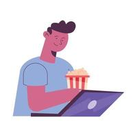 man using laptop and eating pop corn vector