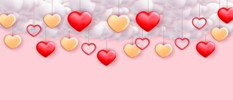 Valentine's day background for social media advertising, or poster with 3d heart shapes and clouds vector