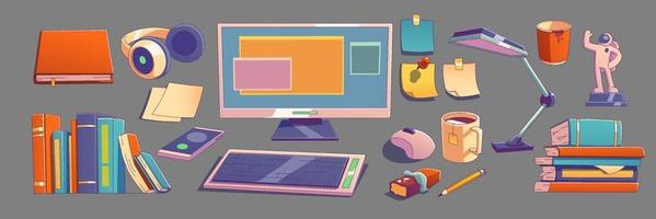 Set workplace objects illustration in retro colors vector