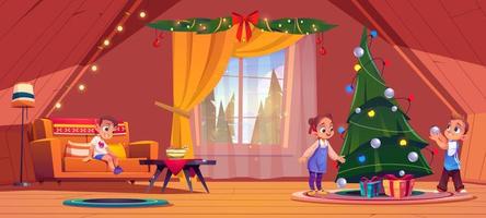 los niños decoran el árbol de navidad en el interior de su casa