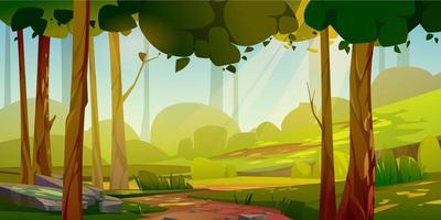 paisaje de bosque de dibujos animados, fondo de día de verano vector