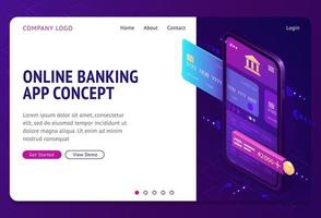 página de inicio isométrica de la aplicación de banca en línea, banner vector
