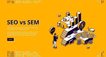 Seo vs Sem isometric landing, digital marketing vector