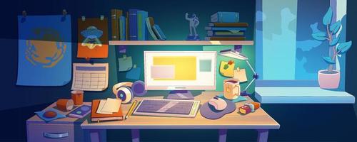 Workplace desk with computer at night home room vector