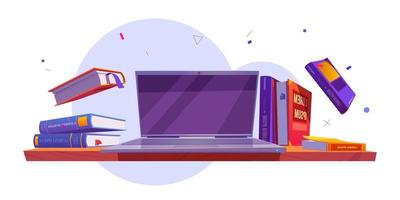 Laptop on desk with books around, online education vector