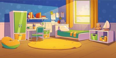 Kids bedroom with bed, table, toys and wardrobe vector