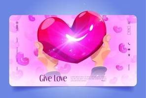 Give love cartoon landing with hands holding heart vector