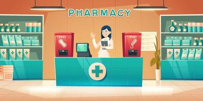 farmacia con mujer farmacéutica en el mostrador vector