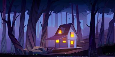 casa mística de madera sobre pilotes, choza en el bosque nocturno