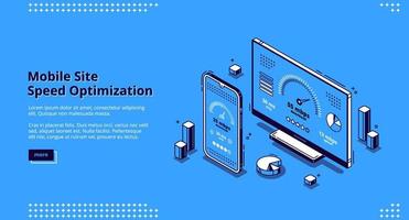 Mobile site speed optimization isometric landing vector