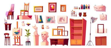 Art studio furniture, interior design elements set vector