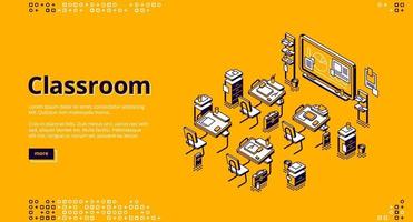 Classroom isometric landing page, school class vector