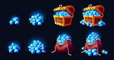 cofre del tesoro y bolsa con iconos de juego de piedras preciosas vector