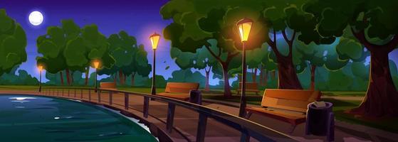 parque nocturno junto al río con bancos y postes de luz vector