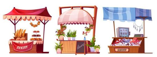 Market stalls with flowers, bakery and seafood vector