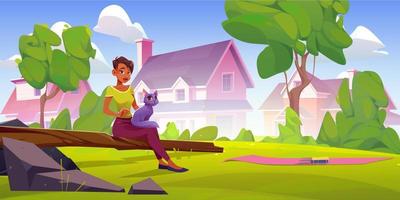 Biracial woman sitting outdoors with cat on laps vector