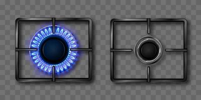Gas burner with blue flame and black steel grate