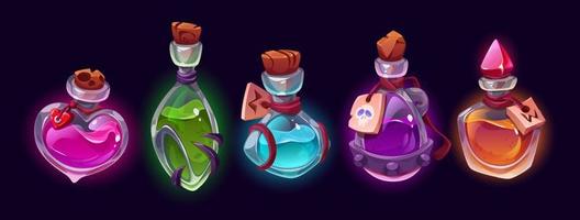 Cartoon set of magic potion bottles on black vector