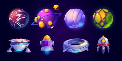 Alien space ships and planets isolated vector set
