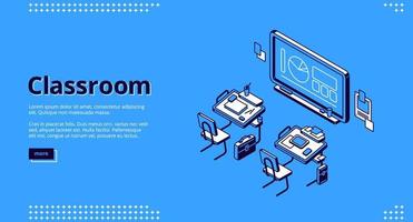 Classroom isometric landing page, school class vector