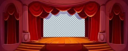 Theater stage with red curtains, wooden floor vector