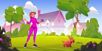 Woman walk with dog at suburb area with cottages vector