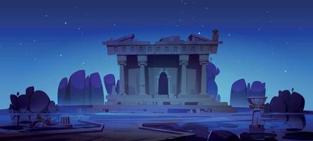 Broken ancient temple building at night vector