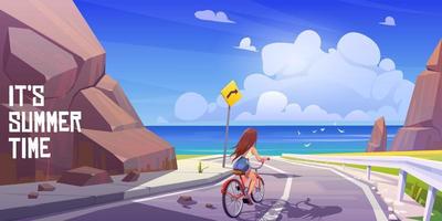 paisaje de verano con chica en bicicleta y mar vector