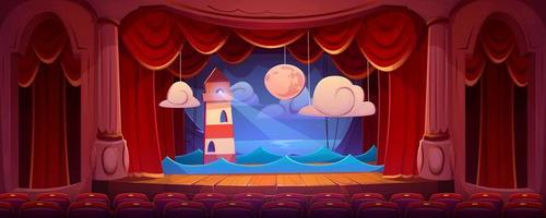 Theater stage with auditorium seats, curtains vector