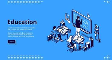 Education isometric landing page, teacher students vector