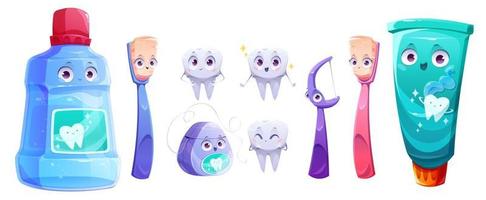 Teeth care product cartoon characters isolated set vector