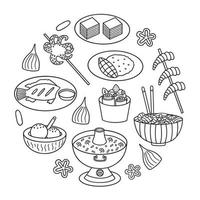 Thai food doodle set. Asian cuisine. Tom yum, fried ice cream, octopus in sketch style. Hand drawn vector illustration isolated on white background