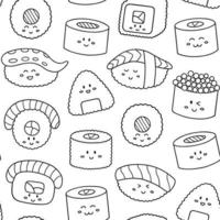 patrón sin costuras de sushi lindo y garabatos de rollos. comida japonesa en estilo boceto. ilustración vectorial dibujada a mano vector