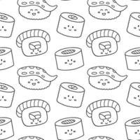 patrón sin costuras de sushi lindo y garabatos de rollos. comida japonesa en estilo boceto. ilustración vectorial dibujada a mano vector