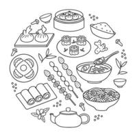 juego de garabatos de comida china. cocina asiática. shumai, fruta confitada, wontons, baozi en estilo boceto. ilustración vectorial dibujada a mano aislada sobre fondo blanco vector