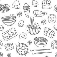 Seamless pattern of Japanese food doodle. Asian cuisine. Ramen, sushi, onigiri, dango in sketch style. Hand drawn vector illustration