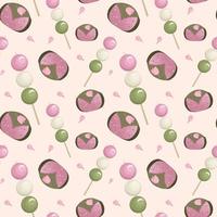 Japanese traditional dessert pattern on light pink background. Hanami Dango and Sakuramochi. Pattern for print, textile, wrapping paper, decoration. Vector illustration. Cartoon style.
