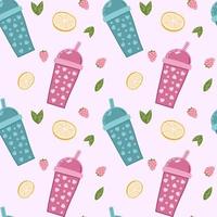 Bubble milk tea funny seamless pattern. Hand drawn kawaii smiled drinks with tapioca pearls. Cute cartoon vector illustration. Colorful background with ice tea characters.
