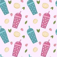 Bubble milk tea funny seamless pattern. Hand drawn kawaii smiled drinks with tapioca pearls. Cute cartoon vector illustration. Colorful background with ice tea characters.