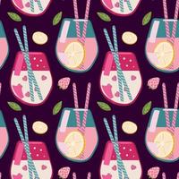Cocktails seamless pattern. Repeating design element for printing on fabric. Symbol of summer season and hot weather. Refreshing drinks with ice, juice and soda. Cartoon flat, vector illustration.