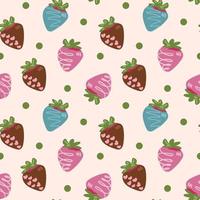 Seamless pattern with glazed strawberries in chocolate for Valentine s Day. Print for packaging paper, menu design, websites, textiles, etc. Vector flat design isolated on white background.