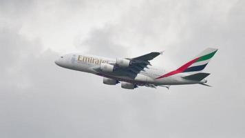 AMSTERDAM, THE NETHERLANDS JULY 25, 2017 - Emirates Airbus A380 A6 EOB climb after take off at Zwanenburgbaan 36C, Shiphol Airport, Amsterdam, Holland video