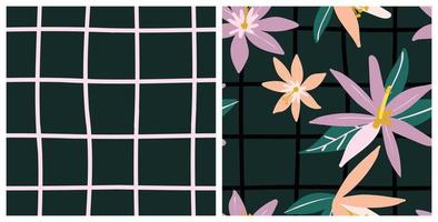 Seamless floral and grid pattern set. Dark background vector