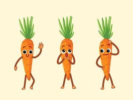 Carrot vegetable vector character mascot with facial expression and gestures isolated on plain yellow background. Simple flat cartoon art styled personification orange colored vegetable.