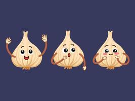 Three Garlic character mascot with hand gestures and facial expression. Vector illustration set collection isolated on plain blue background. Cooking ingredients cartoon drawing with simple art style.