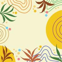 Fun and colorful botanical leaves with geometric lines and circles decoration on trendy light cream and yellow background. Simple full colored square wallpaper for social media post or paper print. vector