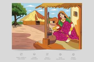 Egyptian farmer woman , Egyptian house, creative freehand composition in contemporary abstract style with colorful geometric elements. Tempura design for print, canvas, poster vector