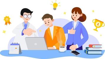 Team working on a project in the office with elements. Group of people working to success.Vector illustration.Business Team  discussing ideas, Presentations and project