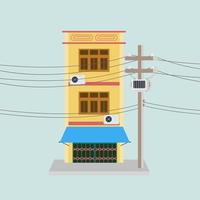 Shophouse or store buildings with Power pole vector illustration. Urban scene with the footpath. Thai old home style